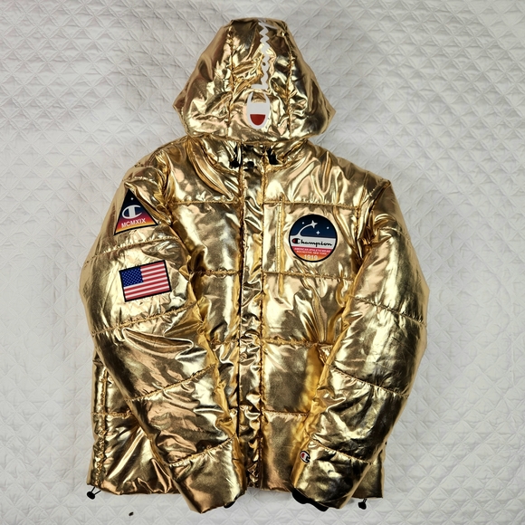 Champion x NASA Gold Metallic Hooded Puffer Jacket - Men's Size Large L - Picture 2 of 11